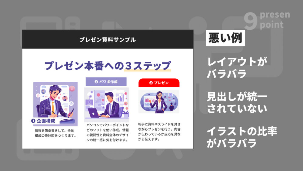 情報の整理が悪いプレゼン資料の例